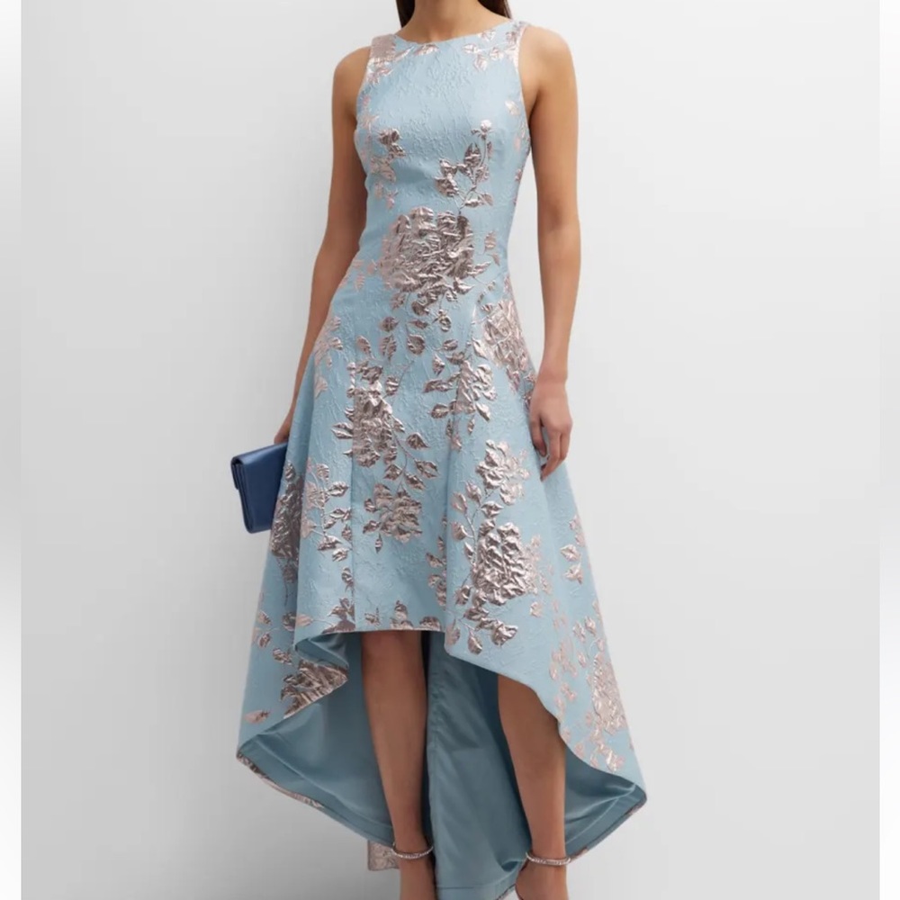 High low metallic jacquard gown